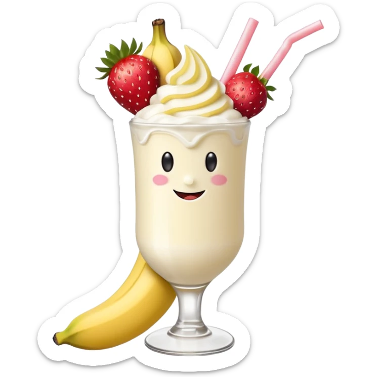 Milkshake vanilla with a banana sticking out of the milk shake it and two strawberries on both sides of the banana at the very tip of the banana, whipped cream and a smiley face one big banana coming out of milk shake sticker