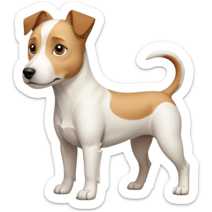 a full body facing front on of a buff white parson russell terrier looking dog the size of a kelpie with light brown long ears resting on its face and a light brown patch on one eye and a large snout. the rest of the dog is completely white.  sticker