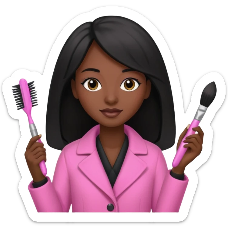 Cosmetologist, dark skin, long black hair, with cosmetology brush, and pink coat sticker