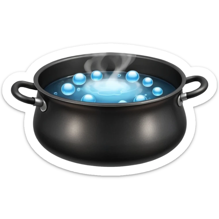black small metal pot filled with boiling water on a stove, visible hot steam and rising bubbles, realistic heat effect, shiny pot surface, bright lighting, clean white background sticker
