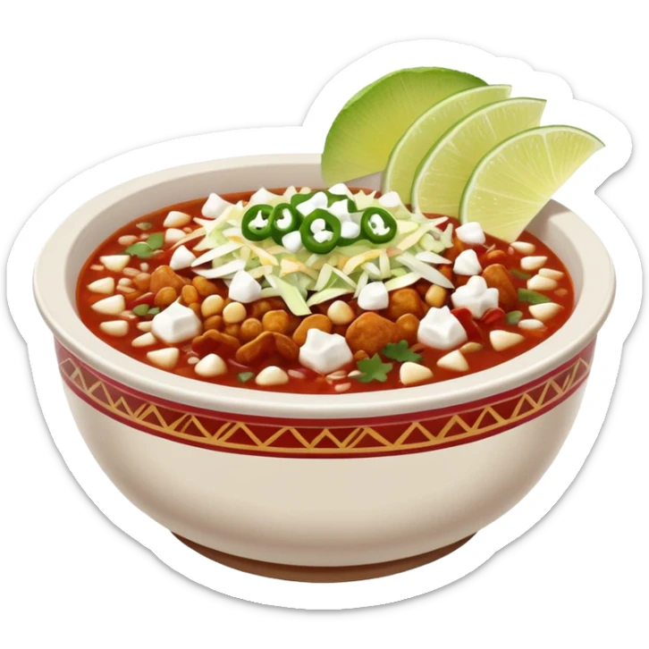 A delicious hot bowl of pozole rojo emoji. Steam rising. Hominy visible. Place the sides next to the bowl: chopped onions, shredded cabbage, lime wedges, red chile de arbol salsa, and full round tostadas with a light smear of sour cream sticker