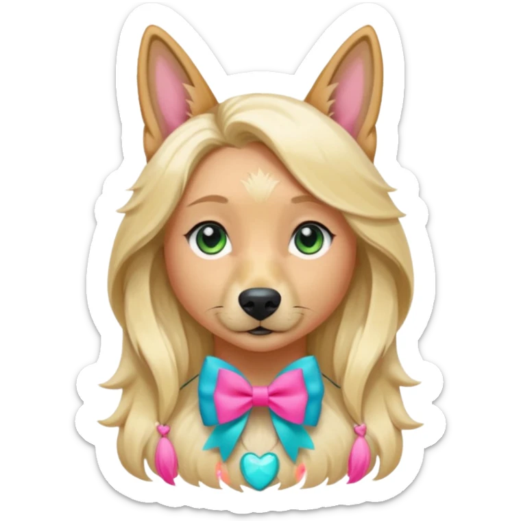 A white Long Wave blonde Hair Woman with blue-green eyes with a Brown eyed White Shepard with a little bit beige in then end of the ears and a lneom Link bow in neck in a lovely pose sticker