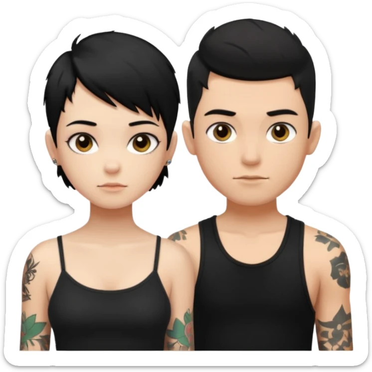 generate a fair boy with messy black hair, tattoos. standing beside a fair black haired girl wearing a black cami top and a boy with a buzz cut  sticker