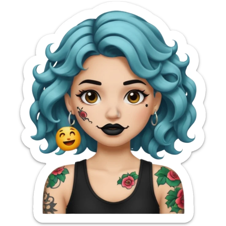 I want to create a female emoji with wavy hair and arm tattoo with her nose pierced and black lip stick sticker