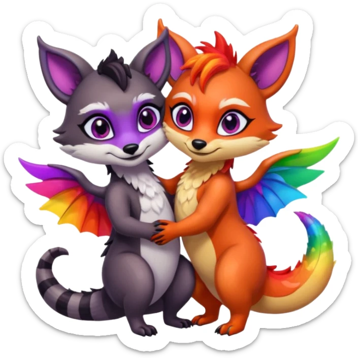 black female raccoon dragon hybrid with rainbow colored wings and purple eyes giving a hug to a red female fox dragon hybrid with rainbow colored wings and orange eyes sticker
