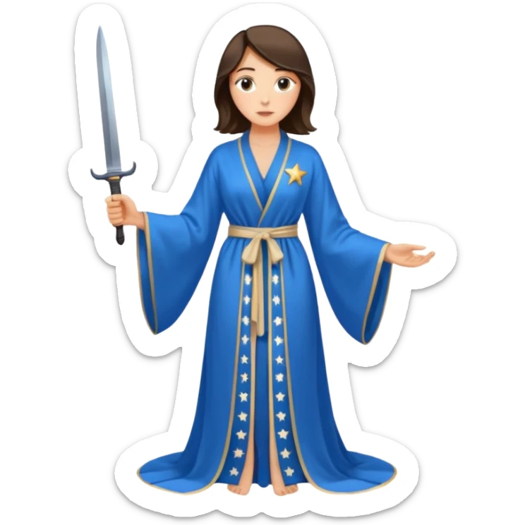 An upright Europe (a tall woman), wearing a blue, flowing robe with stars on the hem. In the background stands a man, with a knife sticker
