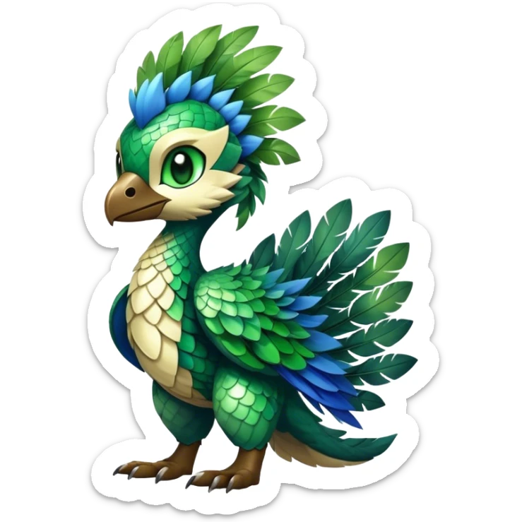 Cute cool fantasy animal hybrid Fakemon full body, green scales, green leaves, brown eyes, blue feathers sticker