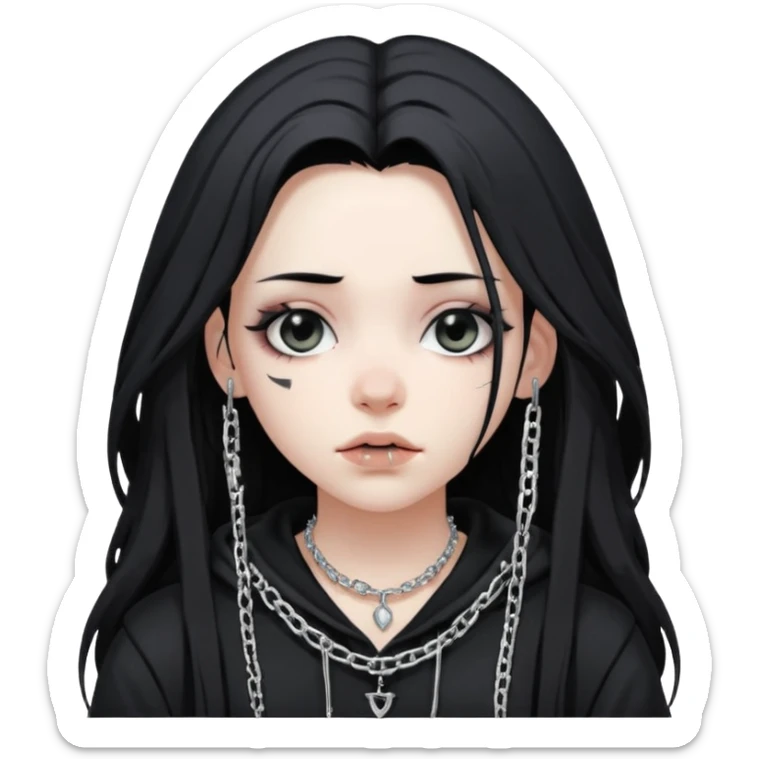 Female Goth with Beanie
 Messy long hair, white skin, oversized black hoodie, chain accessories. sticker
