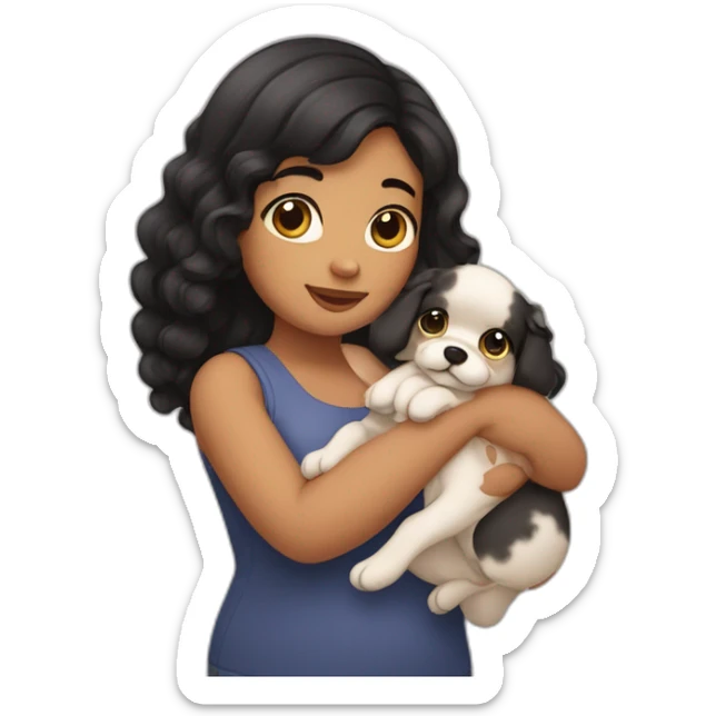 chubby fair girl with extra wavy black hairs holding dog in her arms sticker