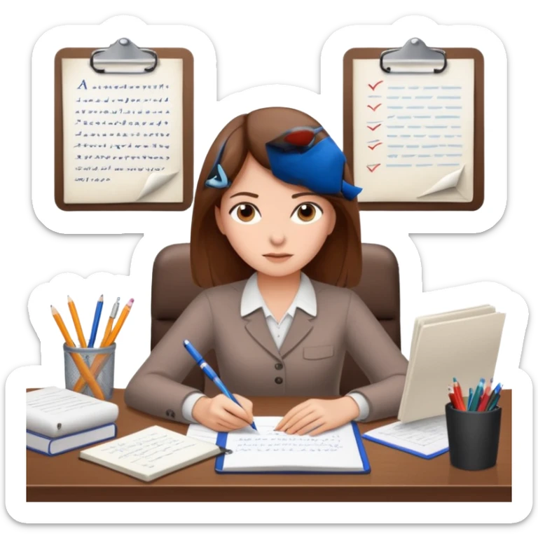 a girl with brown hair on a desk writing on a note book with a lot of papers around and on the papers is writing business strategy  sticker
