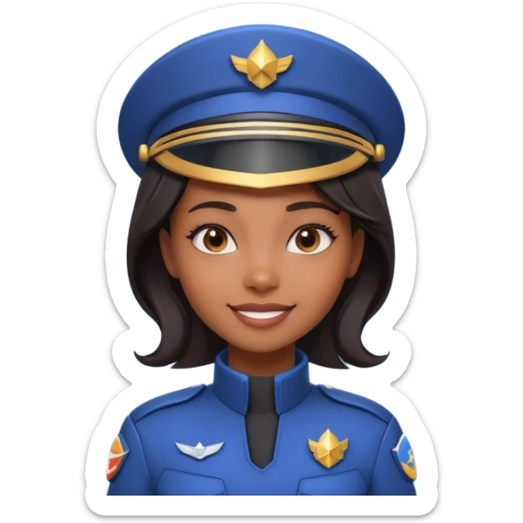 cute Black female spaceship captain portrait, head and shoulders only, futuristic uniform, captain badge, confident expression, 3D cartoon, mobile game icon style, clean background, no text, no watermark sticker
