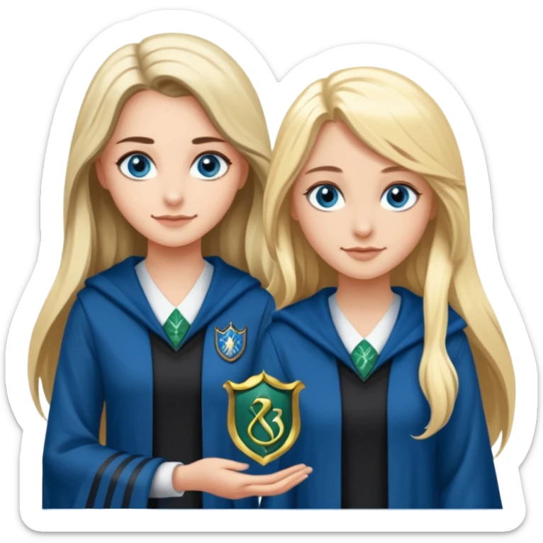 a pretty ravenclaw girl with long brown hair and blue eyes standing with a hot Slytherin girl with long blonde hair, blue eyes and big boobs  sticker
