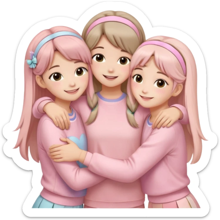 Four girls hugging each other, all wearing soft pink clothes, two with long hair and two with shoulder-length short hair, smiling, with hair accessories like headbands or ribbons, pastel color palette, soft shading, make someone pose with two fingers and someone kisses his cheek sticker