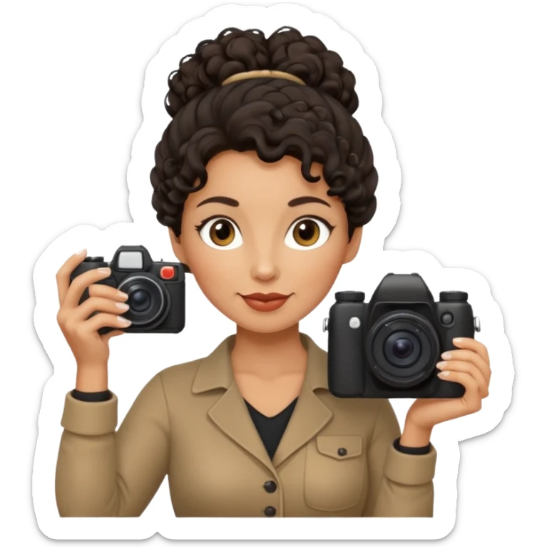 48 year old woman photographer with dark curly hair in a bun sticker