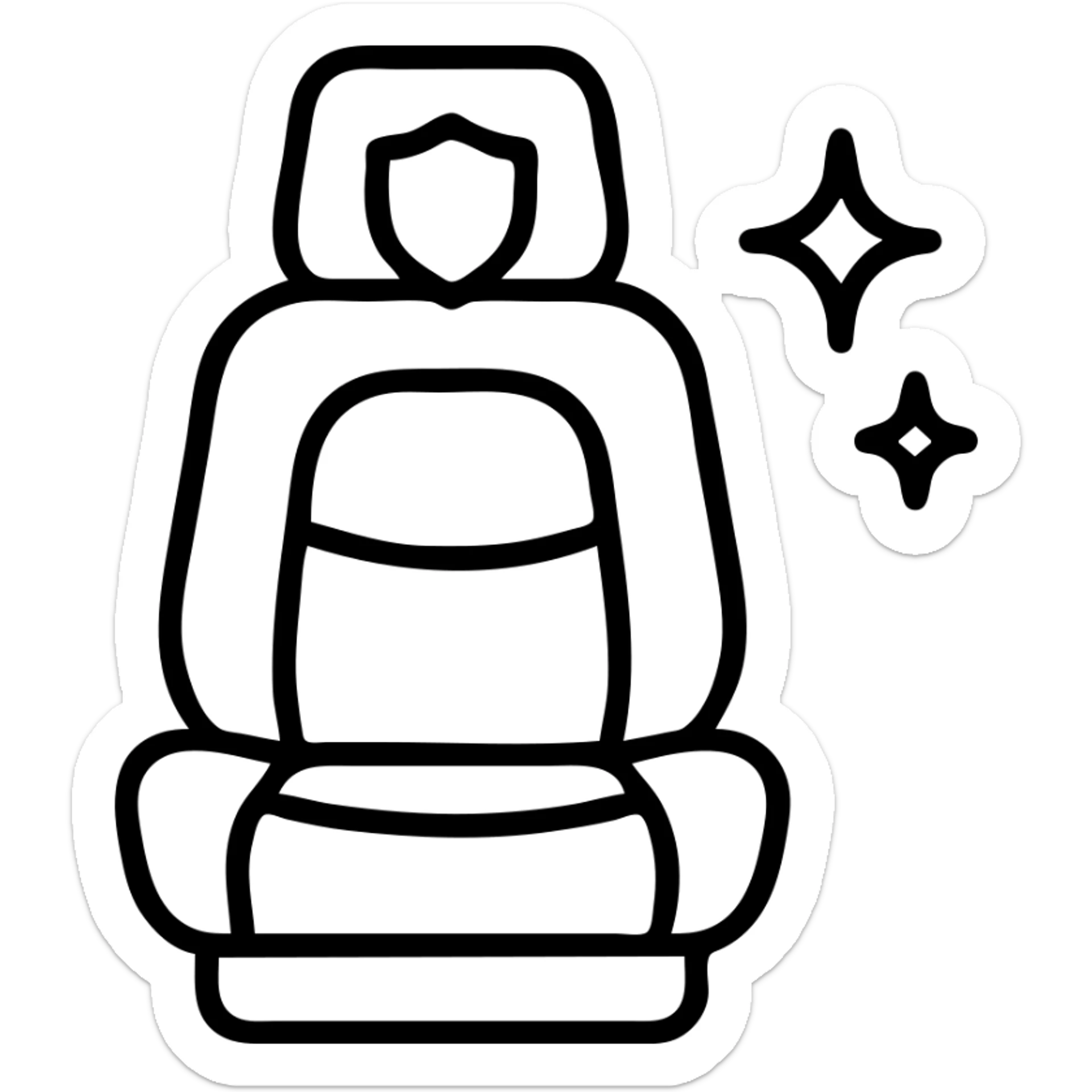 outlined icon of a luxury matte black car seat with a droplet or shield on the headrest, clean lines, elegant stitching, extra shine and sparkling effects, modern and simple sticker