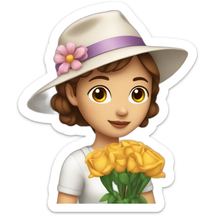 white skin, Girl with a hat, brown hair straight to the shoulders, holding a bouquet of flowers sticker