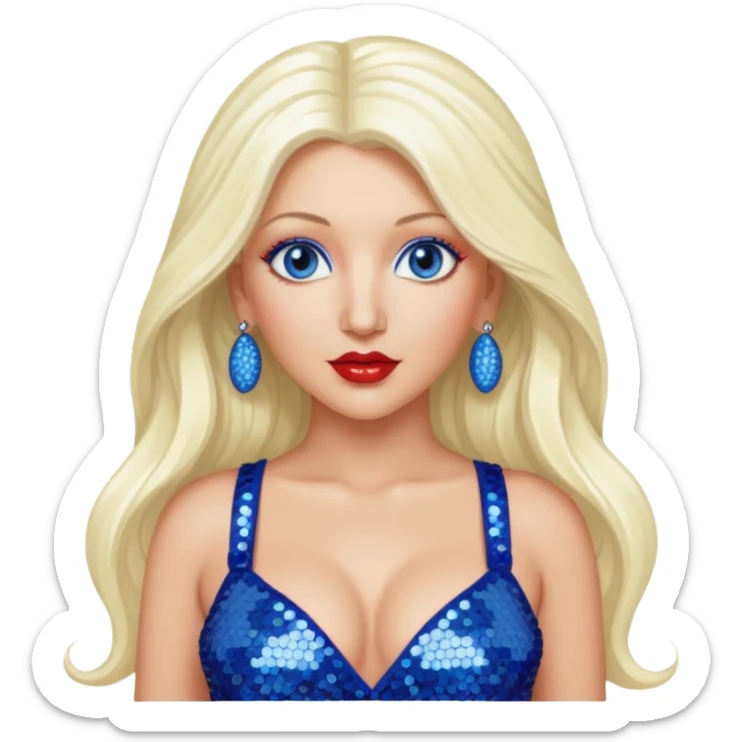 Christina Aguilera with long platinum blonde hair, periwinkle sequin crop top, red sequin pants, blue eyes sticker