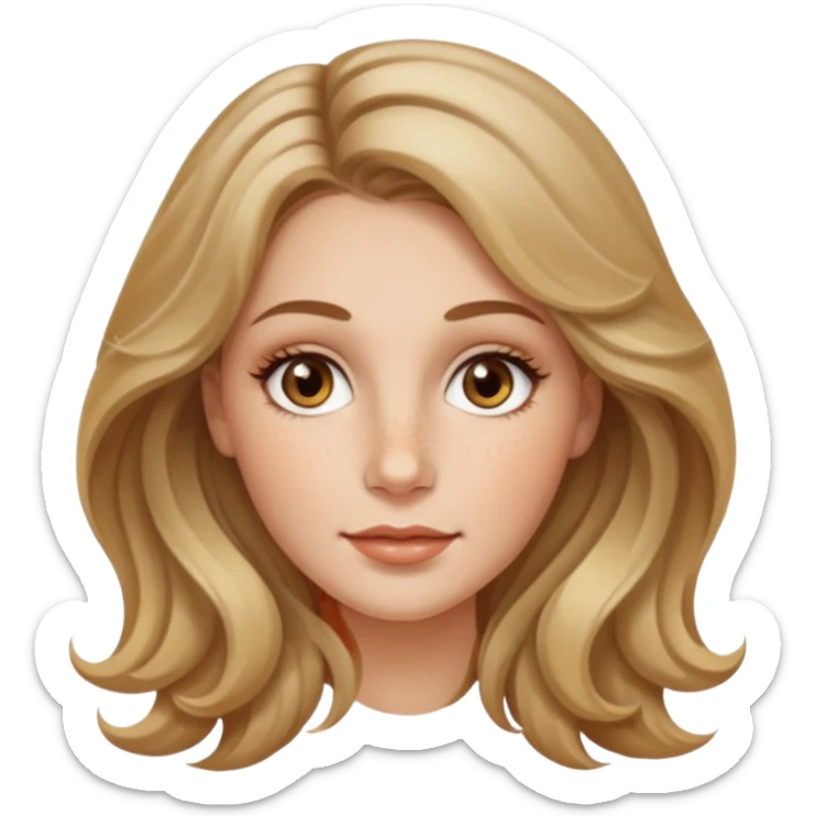 creative women with long dark Blond with highlights wavy hair white women, oval shape face hazel eyes long lashes little bit of freckles on the nose high cheek bones sticker