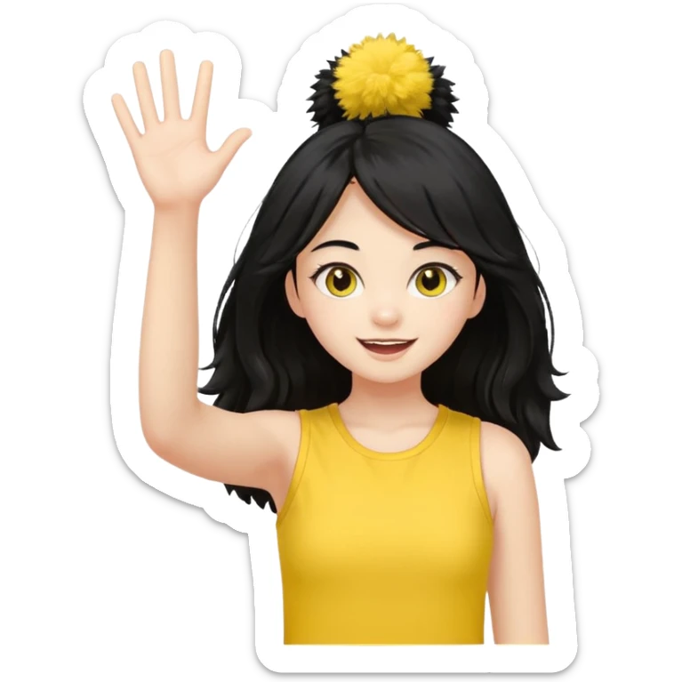 A long black hair teen girl waving pom-poms, eyes sparkling with excitement, yellow top sticker