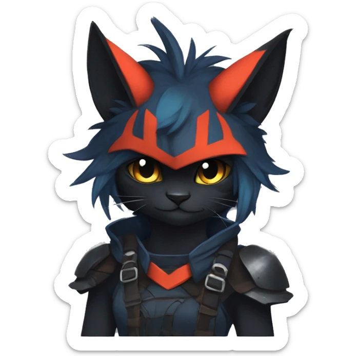 Edgy Shy Anthro Warrior cool pretty dark Litten-Pokémon-cat-fursona-animal techwear sticker