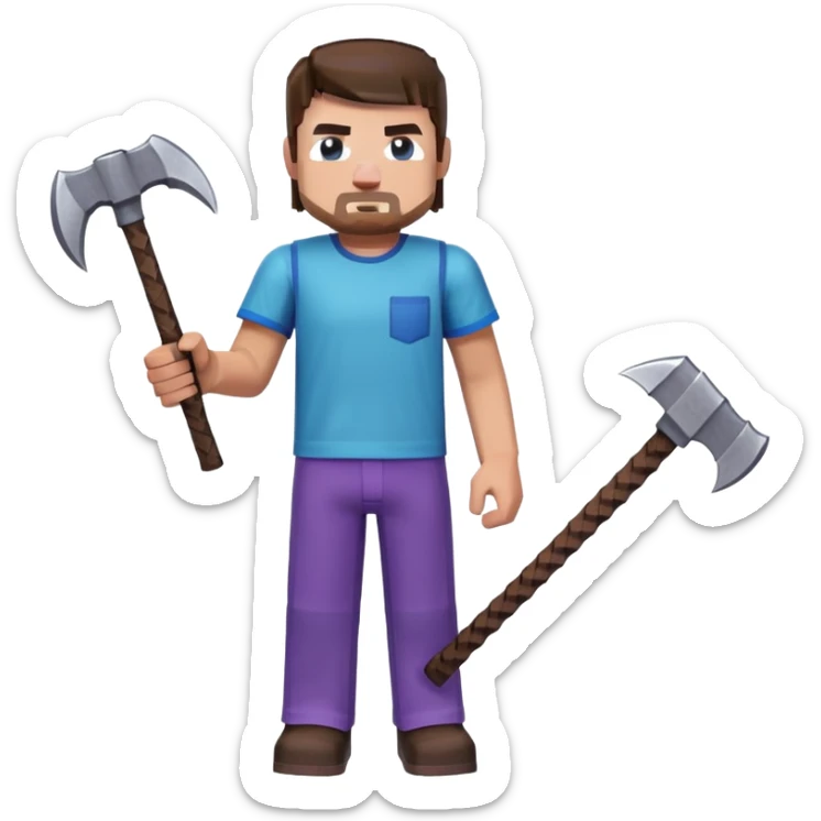 Steve from Minecraft, character with blue shirt and purple pants, holding a pickaxe sticker