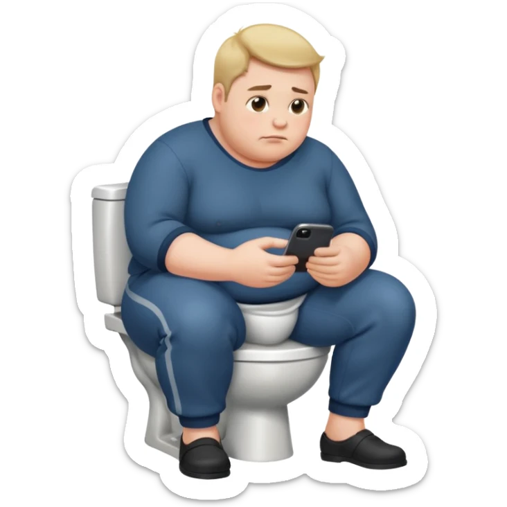 heavyset person sitting on the toilet, pants down at ankles, scrolling through phone sticker