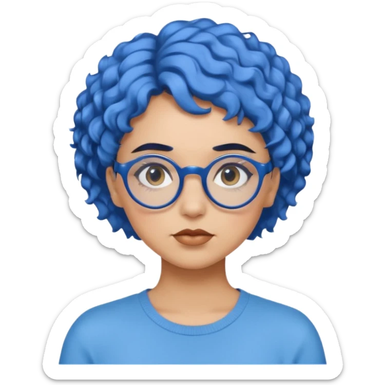 laydy with short, curly blue hair, matching blue eyebrows, light brown skin, round black glasses, and a neutral facial expression. sticker