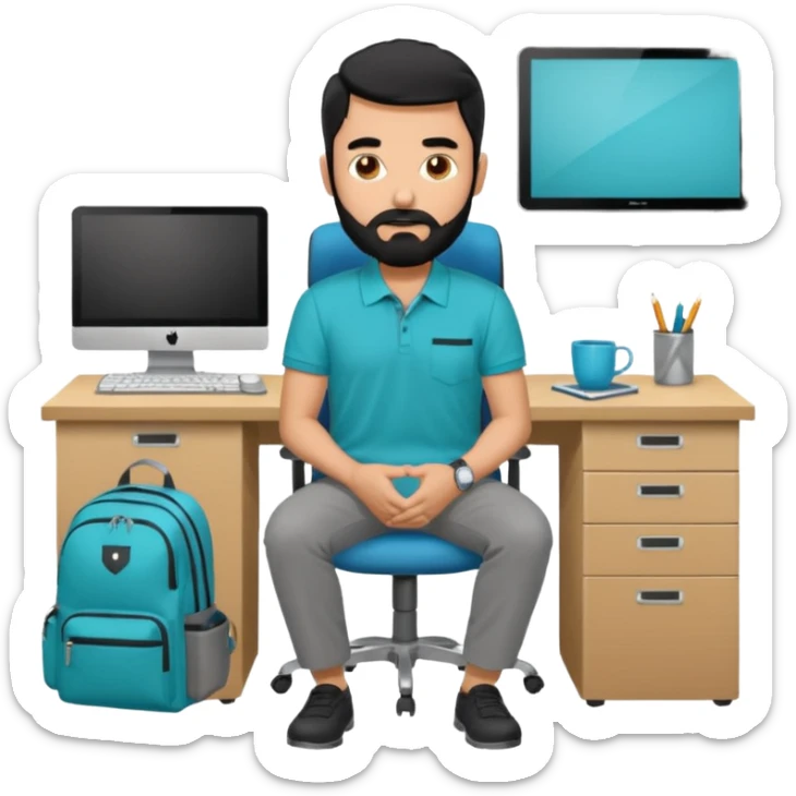 man with blackshot male hair and black hair and beard and hes in a office with his grey backpack on the floor and he has a tourquos polo shirt with backpack on floor on desk computer and grey pants sticker
