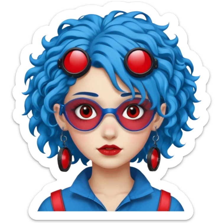 blue curly haired girl with huge earrings, wearing red paintball eye protection, only face  sticker