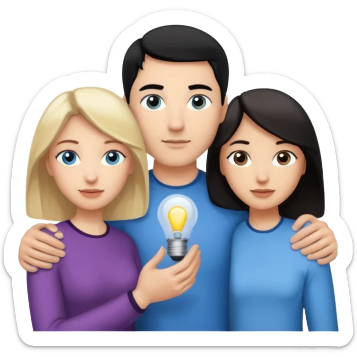 Blond woman with blue eyes on left. And a Man with black hair and grey eyecolor in the middle. And a blank woman with brown hair and grey eyes on the right. Holding each other  sticker