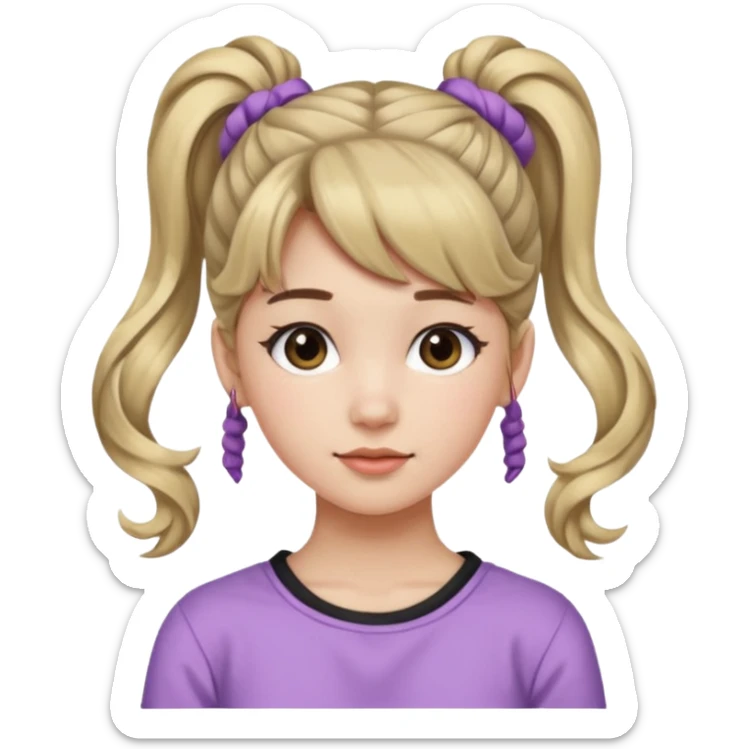 Teenage girl, wearing a cute and aesthetic outfit, with her hair tied up in a high ponytail, and with side bangs also front bangs, her hair wavy sticker