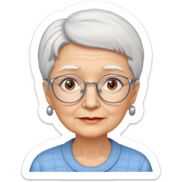 Create me emoji of an old lady. Short white hair to left side. Square glasses. Brown eyes. Rounded bigger face. Wide nose sticker