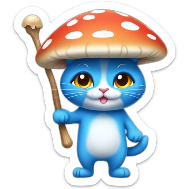  Cute Blue Cat NO ears wearing a mushroom cap carrying a stick in one arm standing on two legs sticker