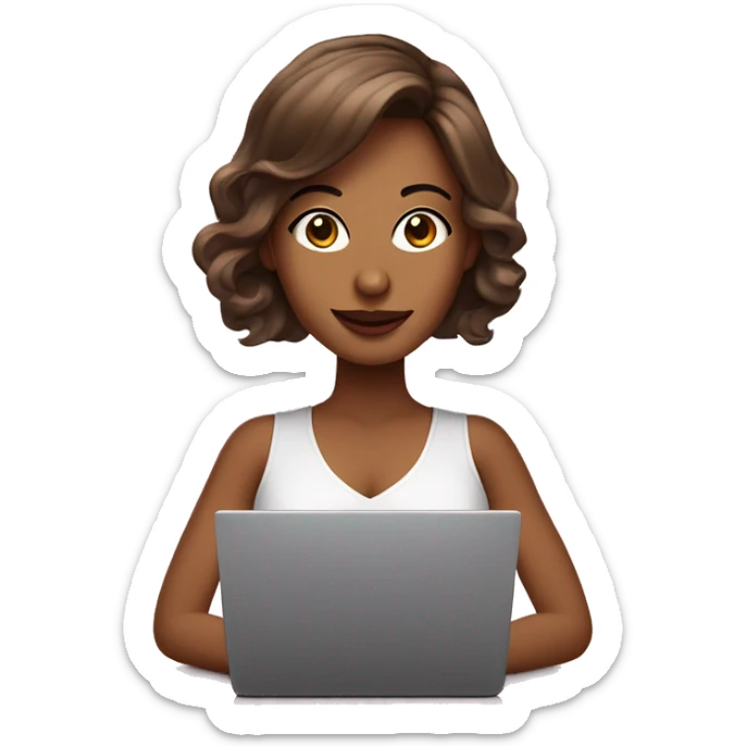 mujer cabello castaño piel blanca con ojos grandes cafe, con una laptop y vestida de rosa sticker