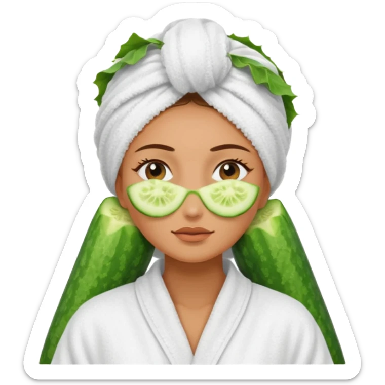 woman at the spa with cucumbers slices covering her eyes and tan skin tone with towel completely covering hair and robe on sticker