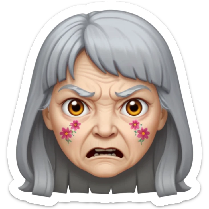 Angry old woman with long gray hair and bangs and scary eyes in a moomoo sticker