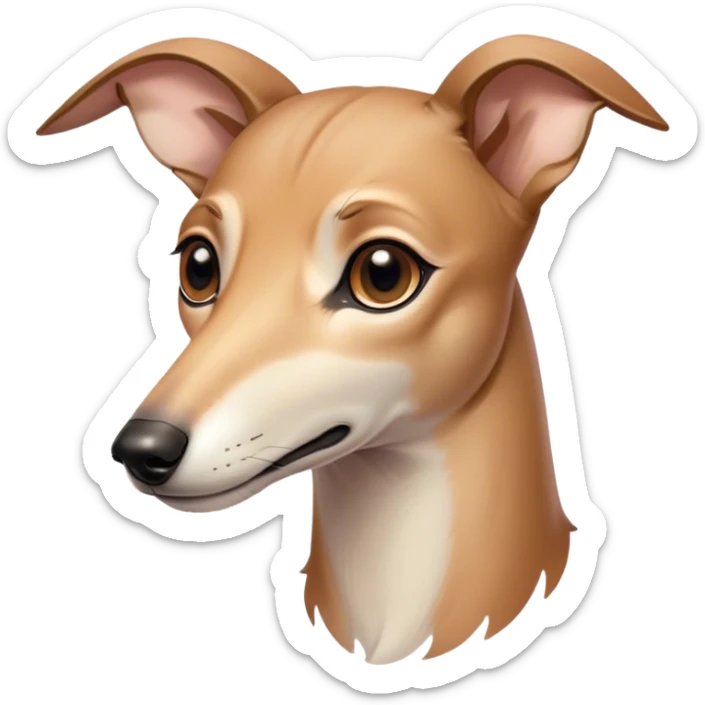 Cinematic Noble Fawn Greyhound Portrait Emoji, Poised and regal, with a slender, aerodynamic build and a smooth, elegant fawn Fur, deep-set soulful eyes, Simplified yet sharp and sophisticated features, highly detailed, glowing with a soft, dignified glow, high shine, intelligent and agile, stylized with an air of grace, focused and attentive, soft glowing outline, capturing the essence of a watchful and swift companion, so majestic it feels as though it could dash out of the screen with effortless authority! sticker
