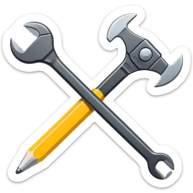 A flat-style illustration of a crossed pencil and wrench. Clean, minimal, black icon on white background, cartoon style, iOS emoji aesthetic. sticker
