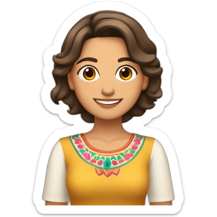 Xochitl Gálvez, mujer mexicana, cabello bob lacio, castaño claro, regordeta y con huipil, sonriente sticker