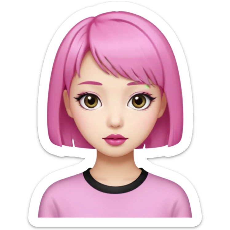 An Asian girl with Fashion pink short hair, big eyes, thick eyebrows, and long eyelashes;  sticker