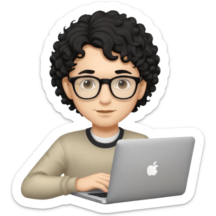 guy with wavy kinda curly black hair and light-to-medium skin tone like cream and glasses, with a macbook sticker