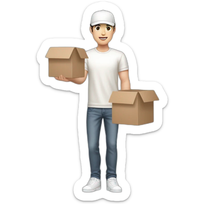 Pale skinned fit Man with dark brown hair in a white cap, gray jeans and beige polo T-shirt keeping a pasted box into his hands sticker