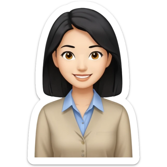 Asian woman with shoulder length black hair smiling business casual shirt sticker
