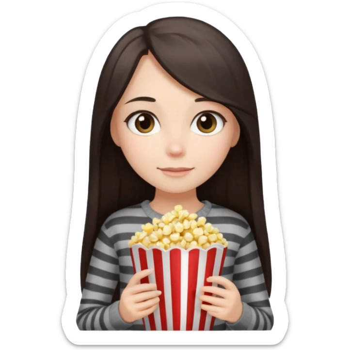 girl with dark brown straight long hair, striped light sweater, gray beautiful eyes, holding popcorn in her hands sticker