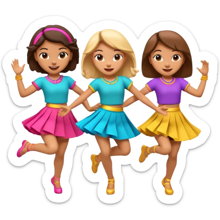 Three 3D cartoon dancers in colorful skirts kicking in rhythm, cheerful pose, bright studio background, Memoji-style. sticker