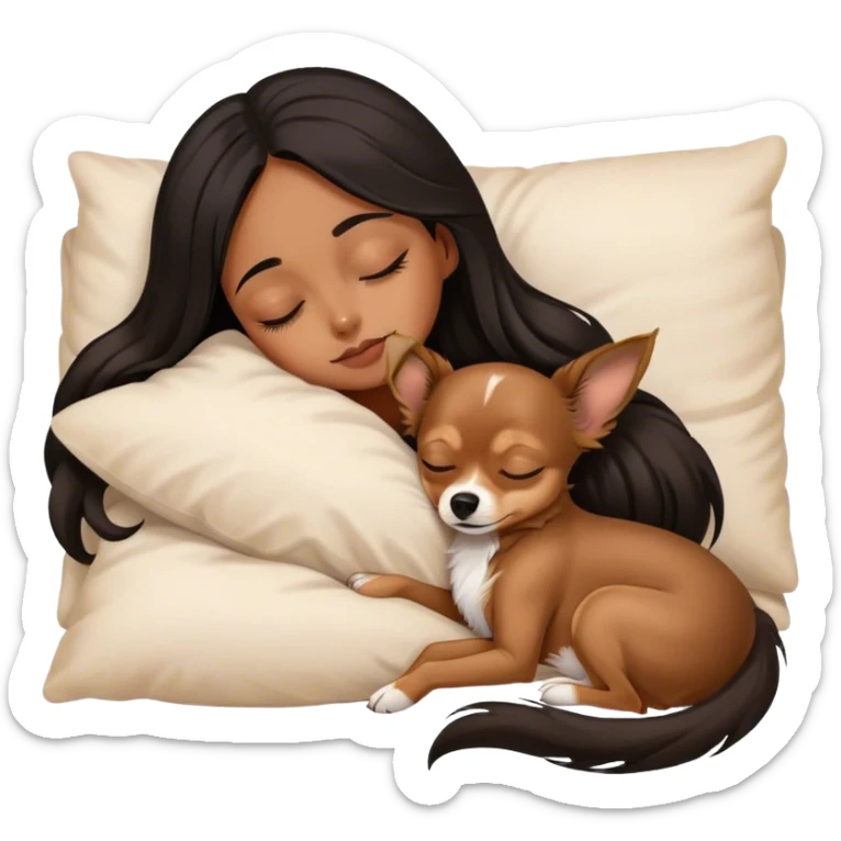 Chihuahua Long Hair Brown with sleeping girl black hair sticker