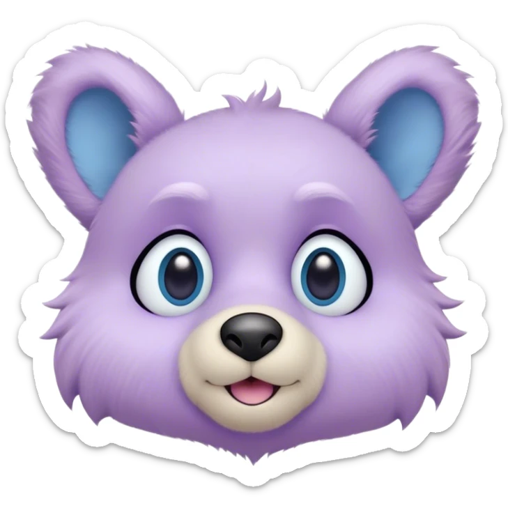 A creature with pastel purple fur and large pixar blue eyes and small ears like a teddy bear. The base around the eyes, nose and mouth is white. The blush sticker