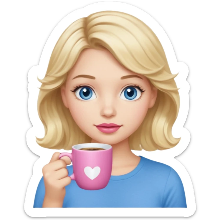 Girl Blonde short wavy hair,  blue eyes, cute blue top, long lashes, pink lips, holding white hot coffee mug sticker