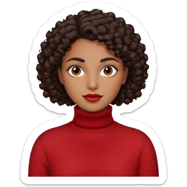 30 yr iranian woman dark brown hair curly wavy short hair, red turtle neck sweater, very thick eyebrows sticker