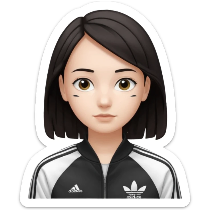 A girl with  medium length, dark hair, fair skin. The style is a layered cut that falls around her shoulders. wore black Adidas track jacket with white stripes on the sleeves. It has a full zipper down the front, a stand-up collar, and the Adidas logo on the right chest emoji sticker